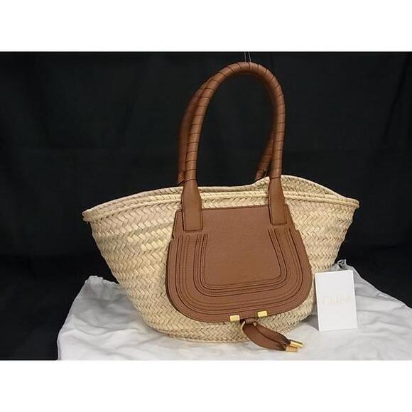 Chloe Handbags - Chloe Marcie Raffia Leather Shoulder Bag Basket Tote Brown